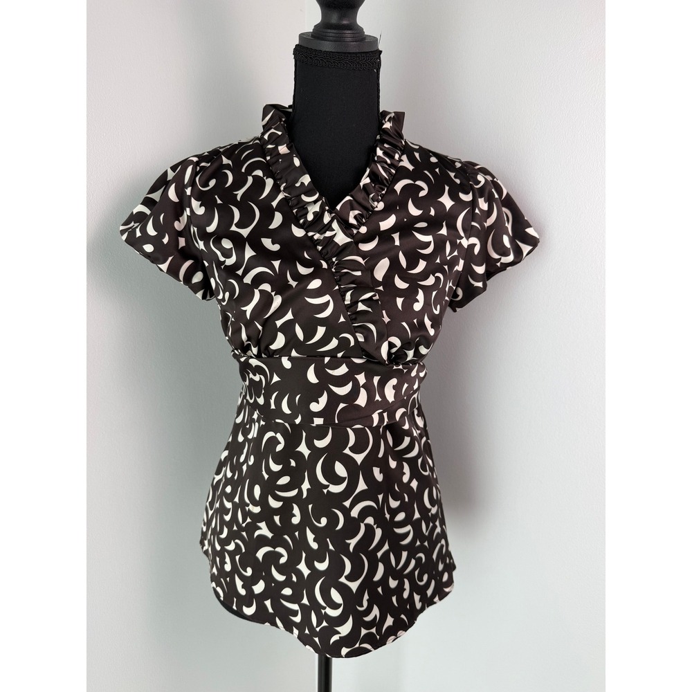 2000s Office Siren Mob Wife Y2K Ann Taylor Geometric Satin Cap Blouse 2P